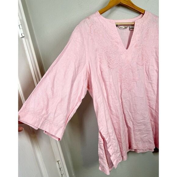 Edward Woman PINK EMBROIDERED IRISH LINEN BLOUSE TOP Split Hem Tunic Size 1X - Picture 3 of 12